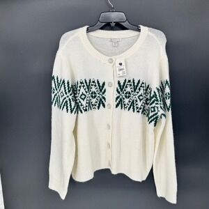 Cato Womens Plus Ivory Green Fair Isle Pearl Embellished Cardigan Sweater 18/20W